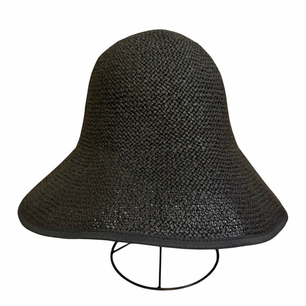 COS Straw Bucket Sun Hat M/L 24" Black Open Back Visor Summer Resort Beach